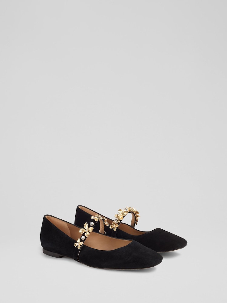 LK Bennett Black Flower Trim Design Flats - Image 2 of 4
