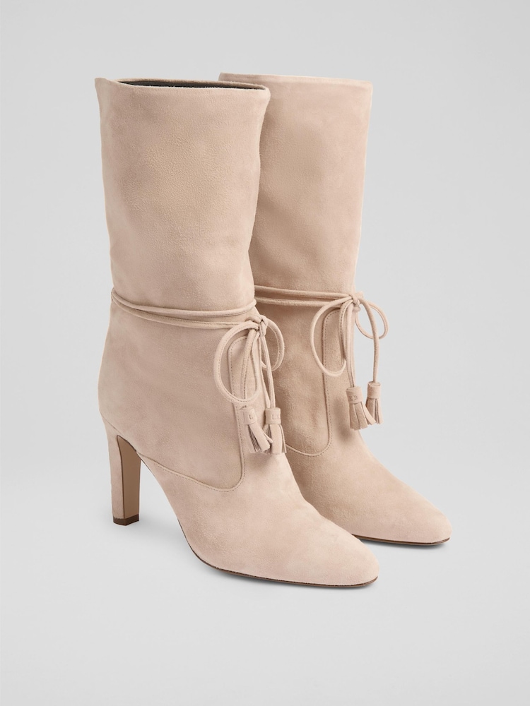 LK Bennett Natural Eliza Tassel Ruched Leather Ankle Boots - Image 2 of 4
