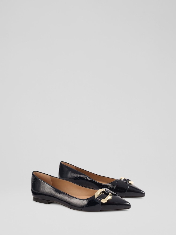 LK Bennett Blue Oloid Crinkled Patent Leather Pointed Flats - Image 4 of 4