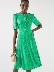 LK Bennett Green Montana Fit And Flare Midi Dress - Image 1 of 6