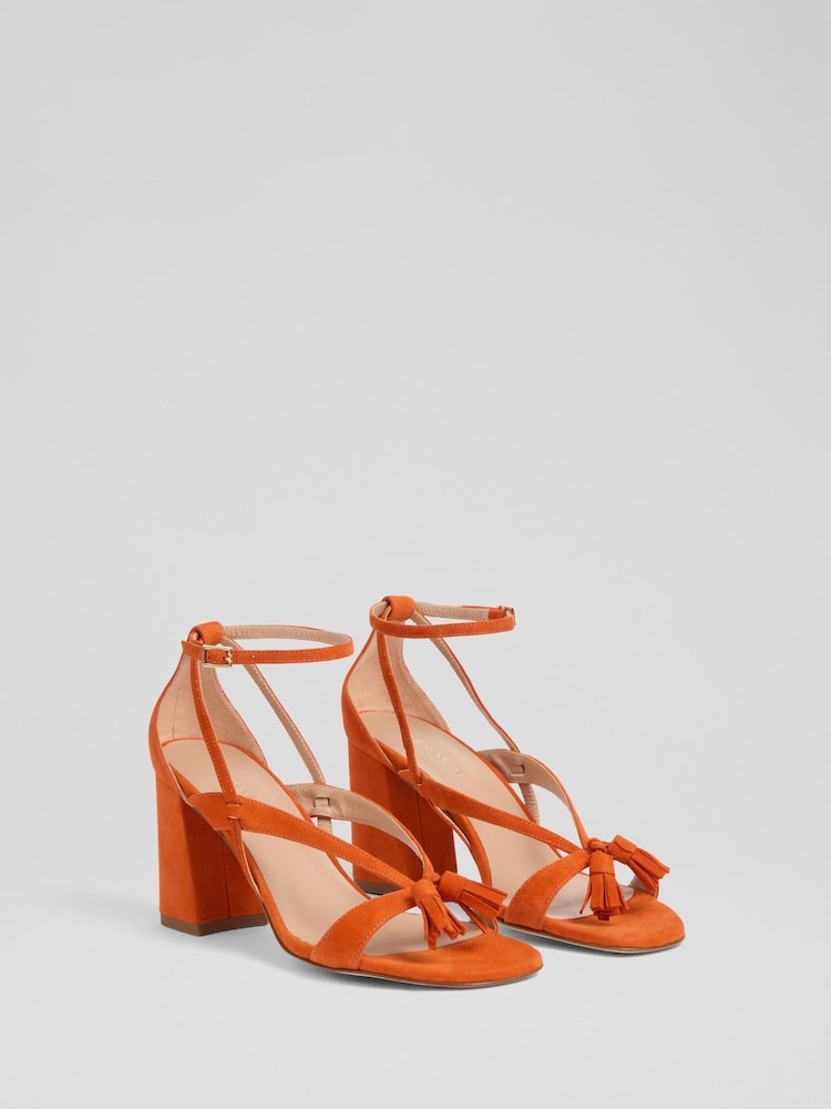 LK Bennett Orange Jeanie Suede Tassel Block Heel Sandals - Image 2 of 4