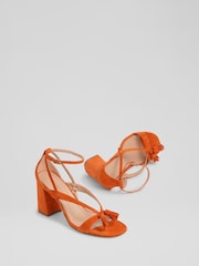 LK Bennett Orange Jeanie Suede Tassel Block Heel Sandals - Image 3 of 4