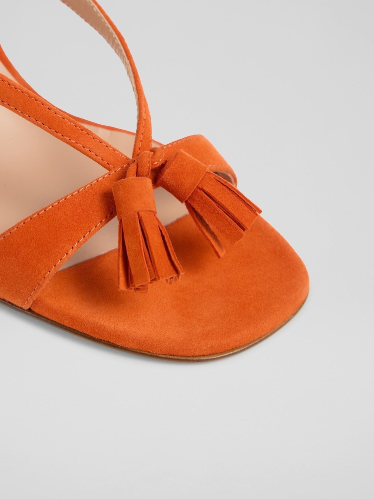 LK Bennett Orange Jeanie Suede Tassel Block Heel Sandals - Image 4 of 4