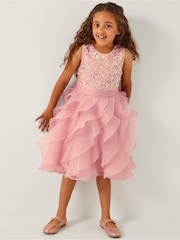 Monsoon Pink Sequin Waterfall Ruffle Party Dress - Image 1 of 1