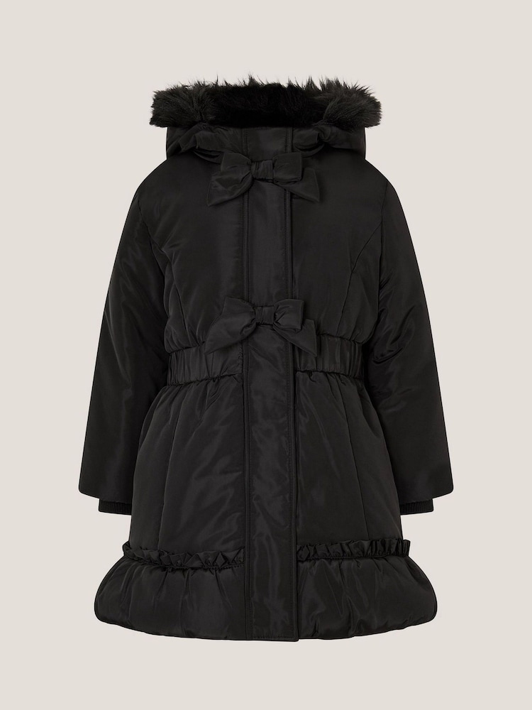 Monsoon Black Frill Bow Hooded Coat - Image 1 of 2 Monsoon Black Frill Bow Hooded Coat - Image 1 of 2