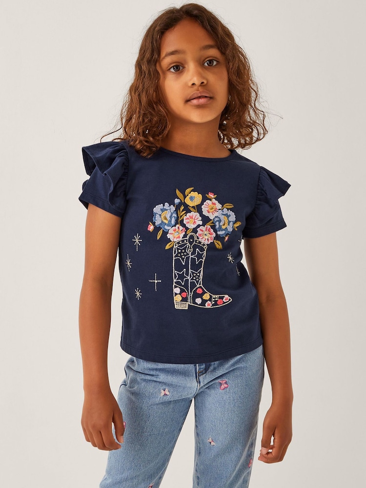 Monsoon Blue Floral Print Cowboy Boot Embroidered T-Shirt - Image 1 of 1 Monsoon Blue Floral Print Cowboy Boot Embroidered T-Shirt - Image 1 of 1