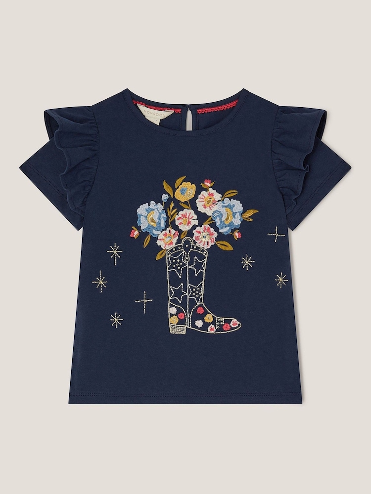 Monsoon Blue Floral Print Cowboy Boot Embroidered T-Shirt - Image 2 of 5