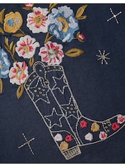 Monsoon Blue Floral Print Cowboy Boot Embroidered T-Shirt - Image 5 of 5