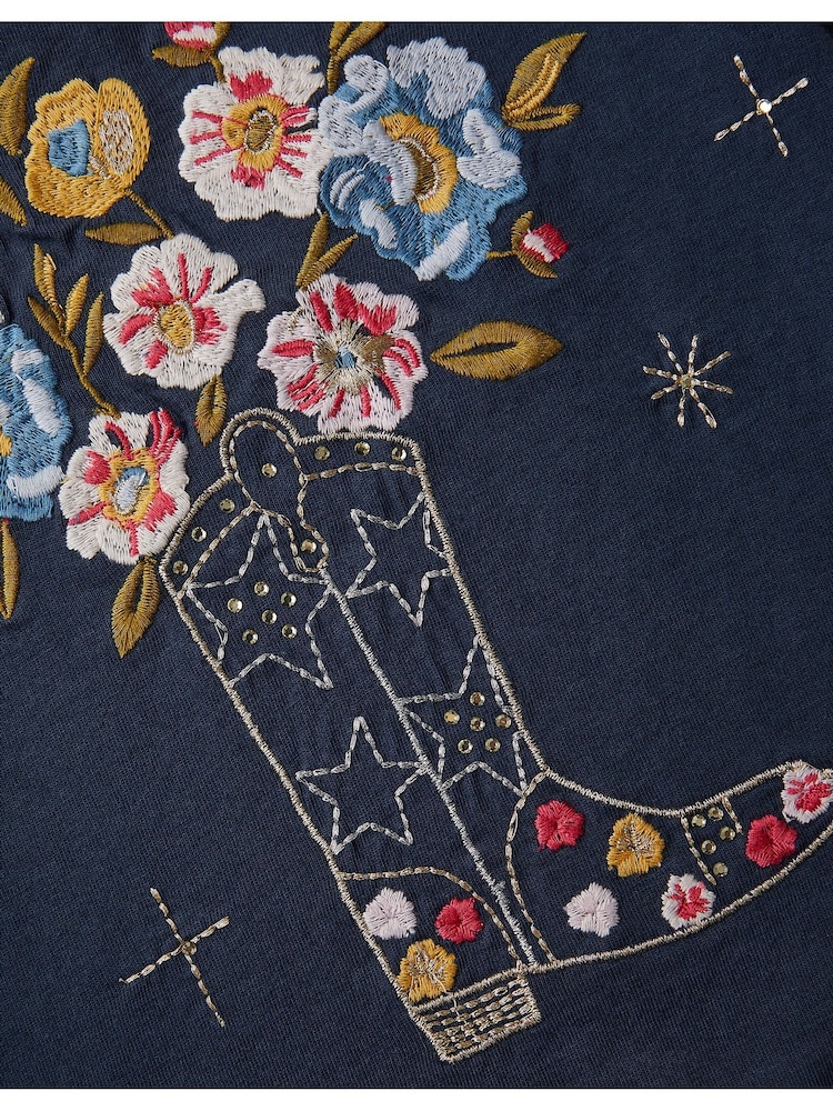 Monsoon Blue Floral Print Cowboy Boot Embroidered T-Shirt - Image 5 of 5