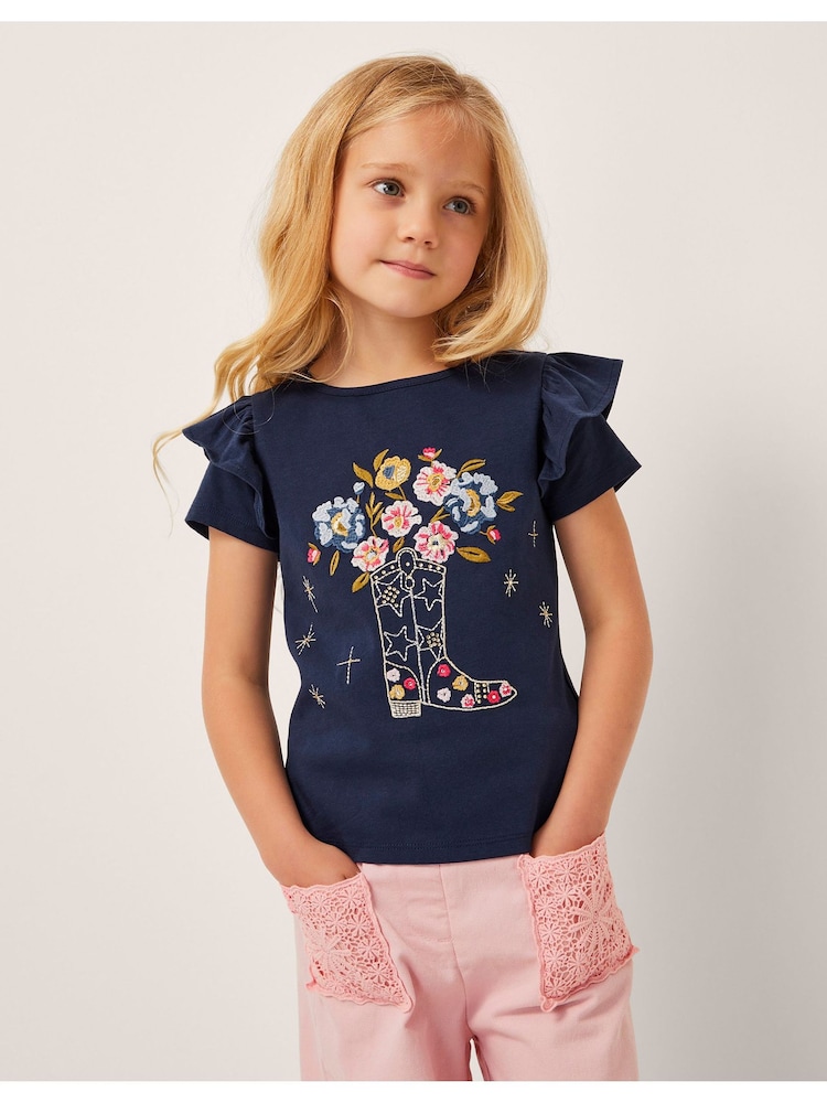 Monsoon Blue Floral Print Cowboy Boot Embroidered T-Shirt - Image 6 of 6