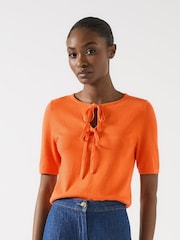 LK Bennett Orange Nerys Dark Cotton Blend Bow Detail Knitted Top - Image 1 of 5