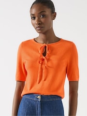 LK Bennett Orange Nerys Dark Cotton Blend Bow Detail Knitted Top - Image 4 of 5