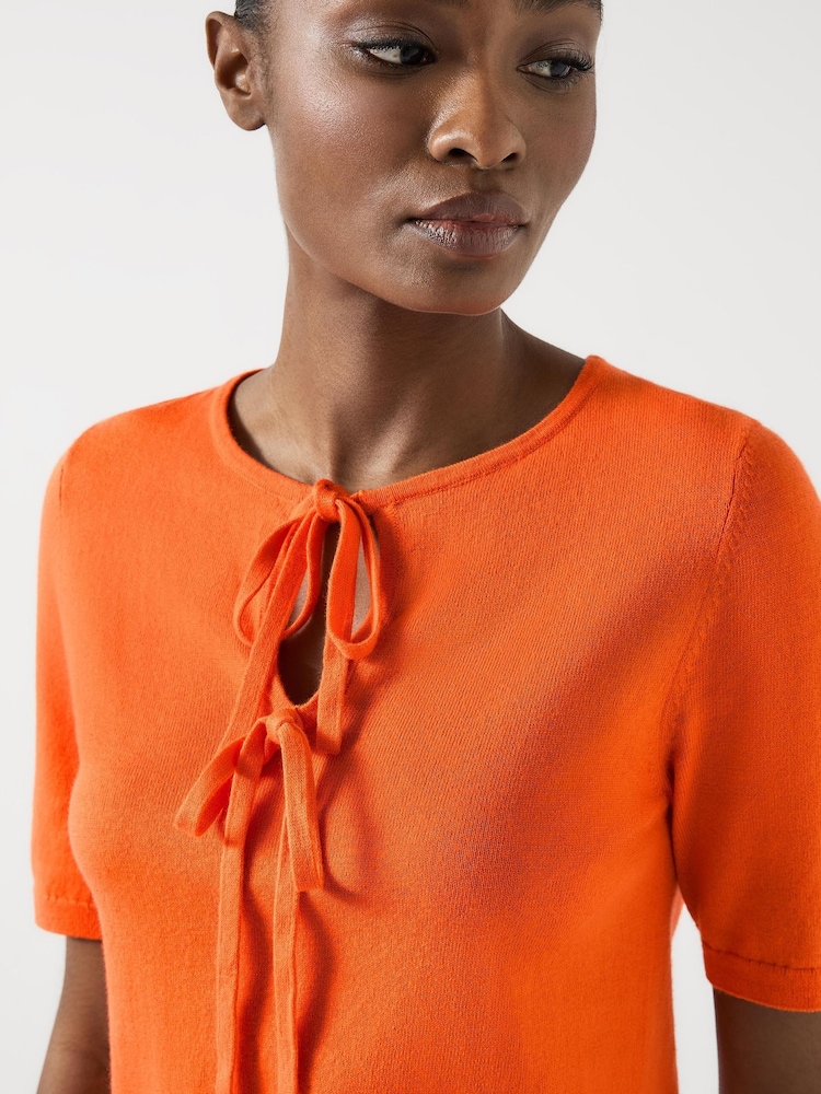 LK Bennett Orange Nerys Dark Cotton Blend Bow Detail Knitted Top - Image 5 of 5