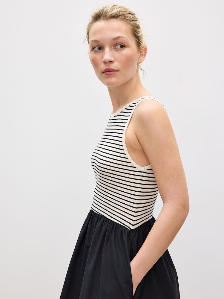 Oliver Bonas Black Monochrome Striped Sleeveless Midi Dress - Image 2 of 8