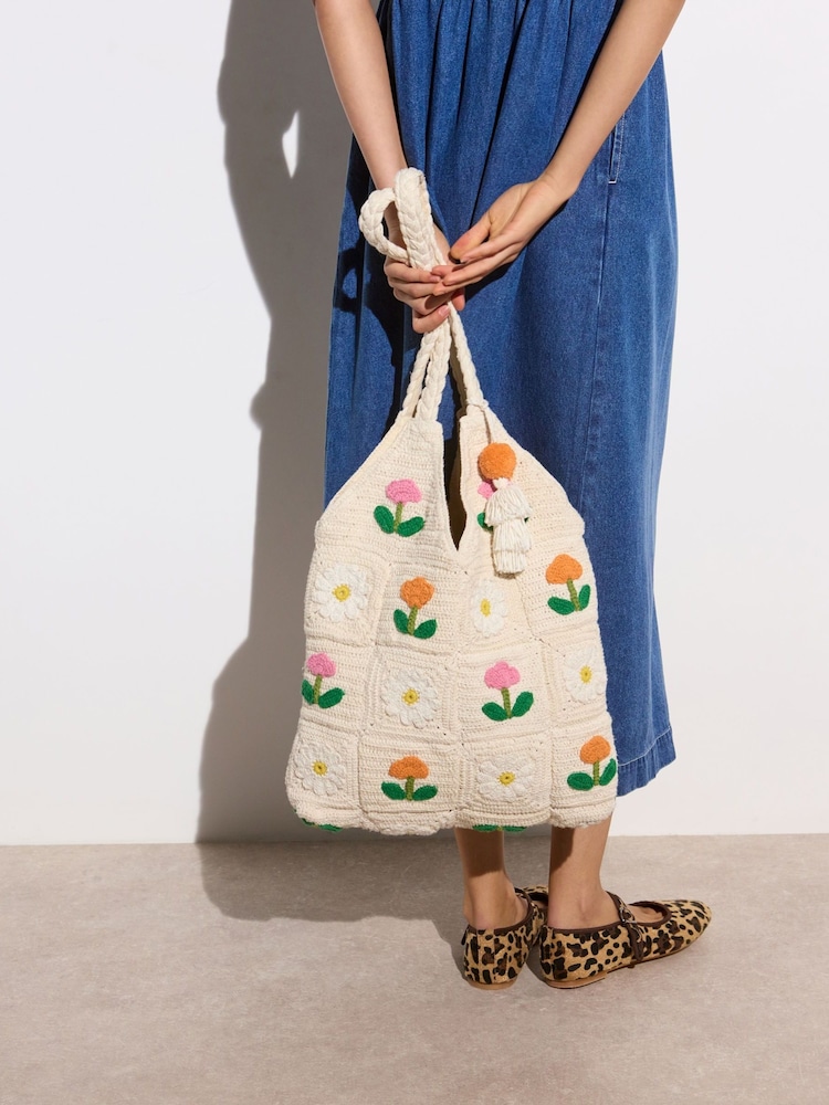 Oliver Bonas Natural Flower Power Cotton Crochet Tote Bag - Image 1 of 8