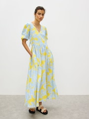 Oliver Bonas Yellow Floral Print V-Neck Linen Blend Midi Dress - Image 1 of 8