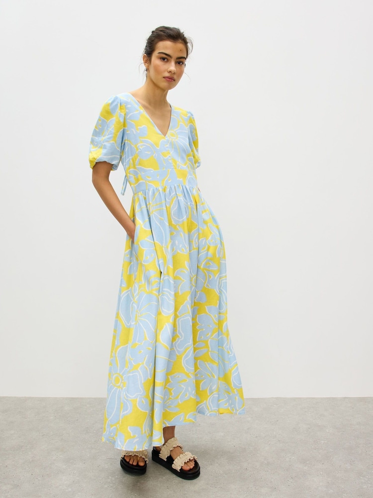 Oliver Bonas Floral Print V-Neck Linen Blend Midi Dress - Imagen 1 de 8 Oliver Bonas Floral Print V-Neck Linen Blend Midi Dress - Imagen 1 de 8