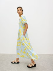 Oliver Bonas Yellow Floral Print V-Neck Linen Blend Midi Dress - Image 2 of 8