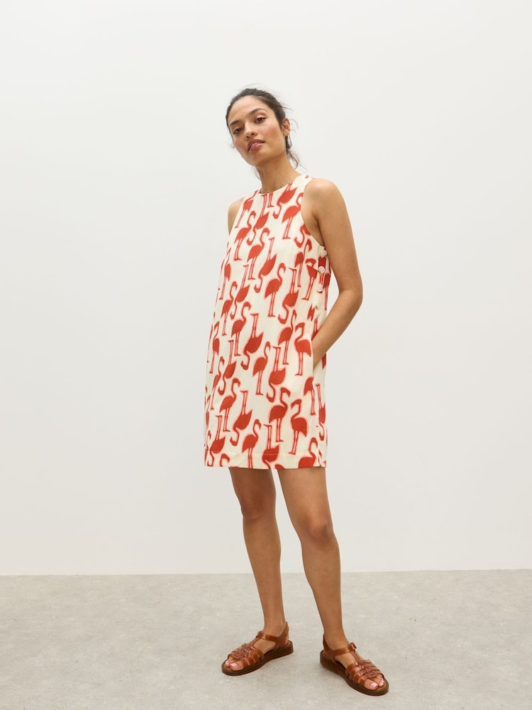 Oliver Bonas Red Cream Flamingo Print Mini Shift Dress - Image 1 of 8