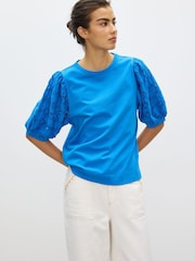 Oliver Bonas Blue Woven Puff Sleeve T-Shirt - Image 1 of 7