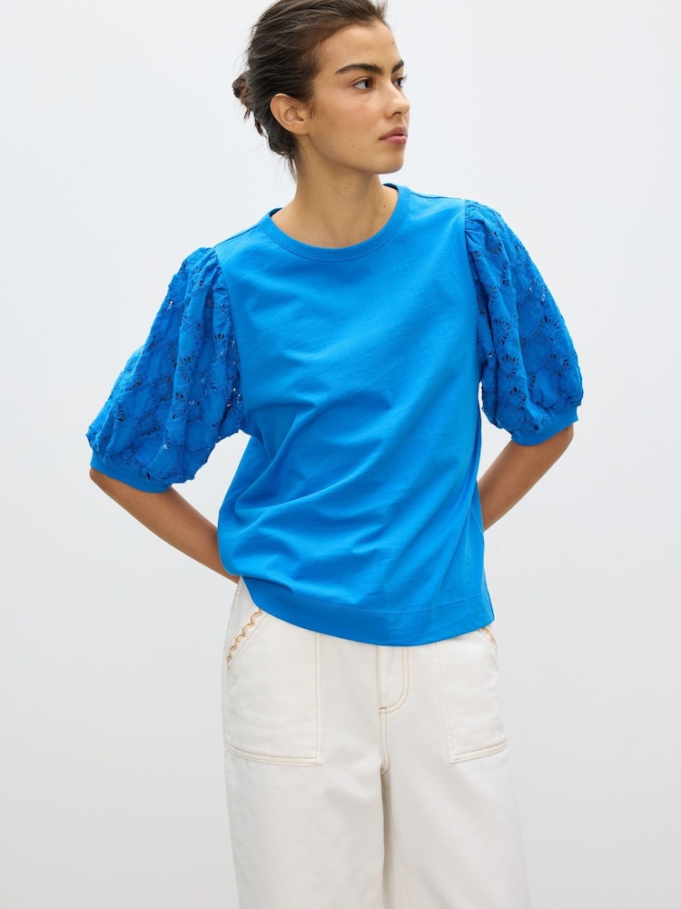 Oliver Bonas Blue Woven Puff Sleeve T-Shirt - Image 1 of 7