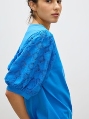 Oliver Bonas Blue Woven Puff Sleeve T-Shirt - Image 2 of 7