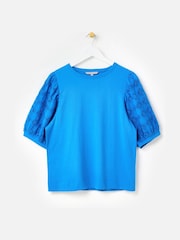 Oliver Bonas Blue Woven Puff Sleeve T-Shirt - Image 3 of 7