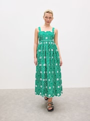 Oliver Bonas Green Daisy Embroidered Scalloped Midi Dress - Image 1 of 7
