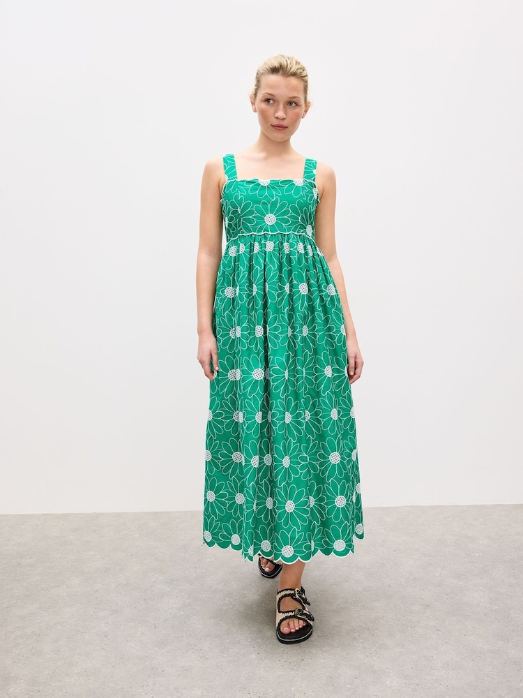 Oliver Bonas Green Daisy Embroidered Scalloped Midi Dress - Image 1 of 7