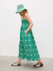 Oliver Bonas Green Daisy Embroidered Scalloped Midi Dress - Image 2 of 7