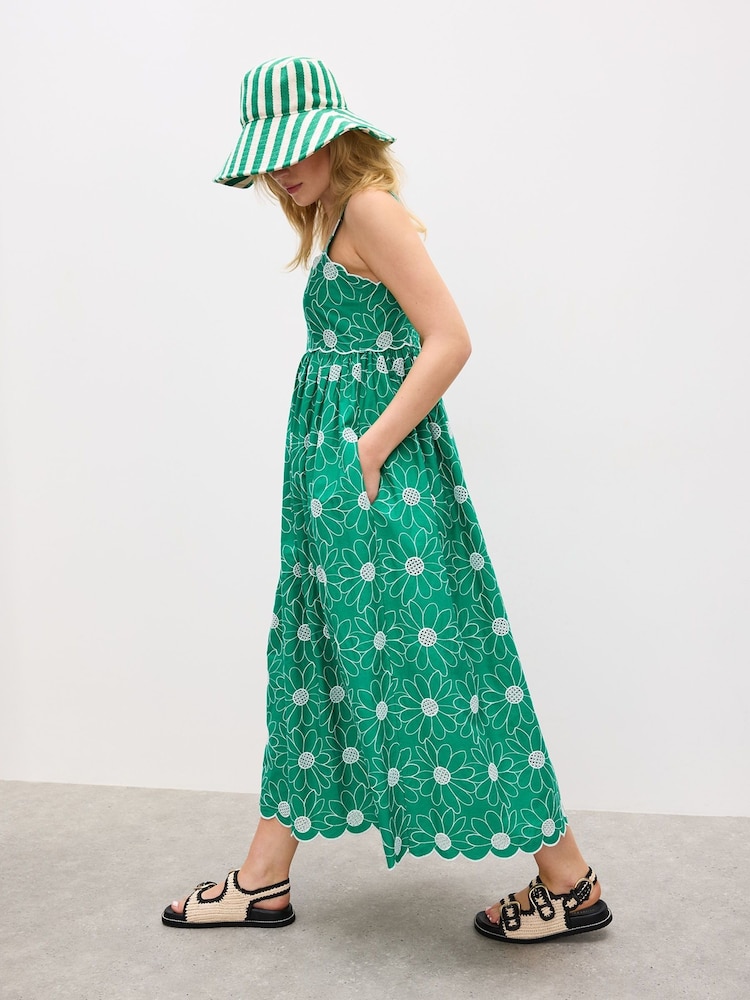 Oliver Bonas Green Daisy Embroidered Scalloped Midi Dress - Image 2 of 7