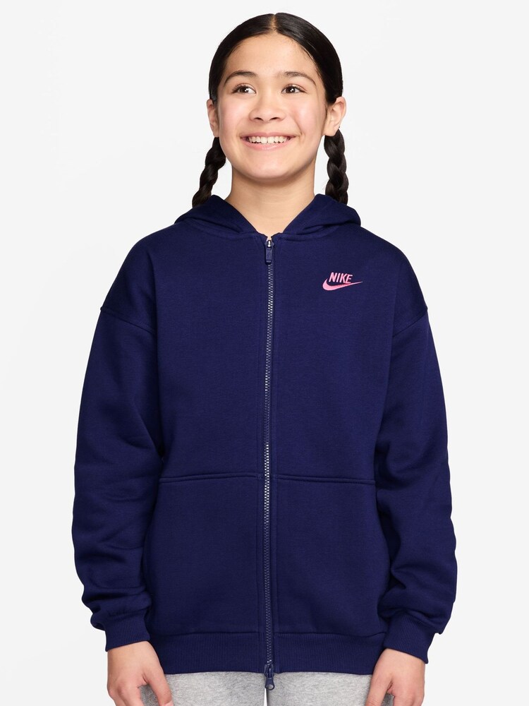 Nike Blue Oversized College Club Fleece Zip-Up Hoodie - Image 1 of 3 Nike Blue Oversized College Club Fleece Zip-Up Hoodie - Image 1 of 3
