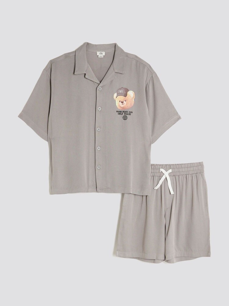 River Island Grey Boys Bear Revere Top & short set - Image 1 of 5
