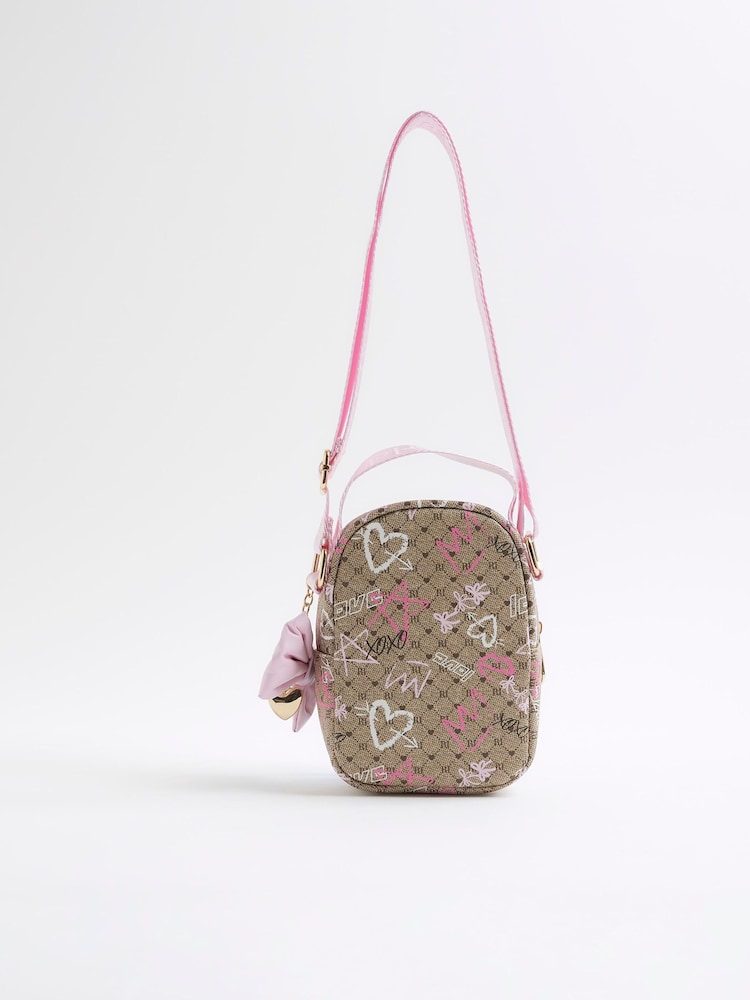 Buy River Island Brown Girls Graffiti Monogram Festival Bag from