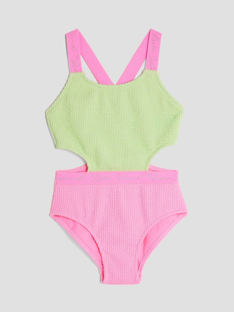 River Island Green Girls Elastic Colour Block Swimsuit - Image 1 of 4