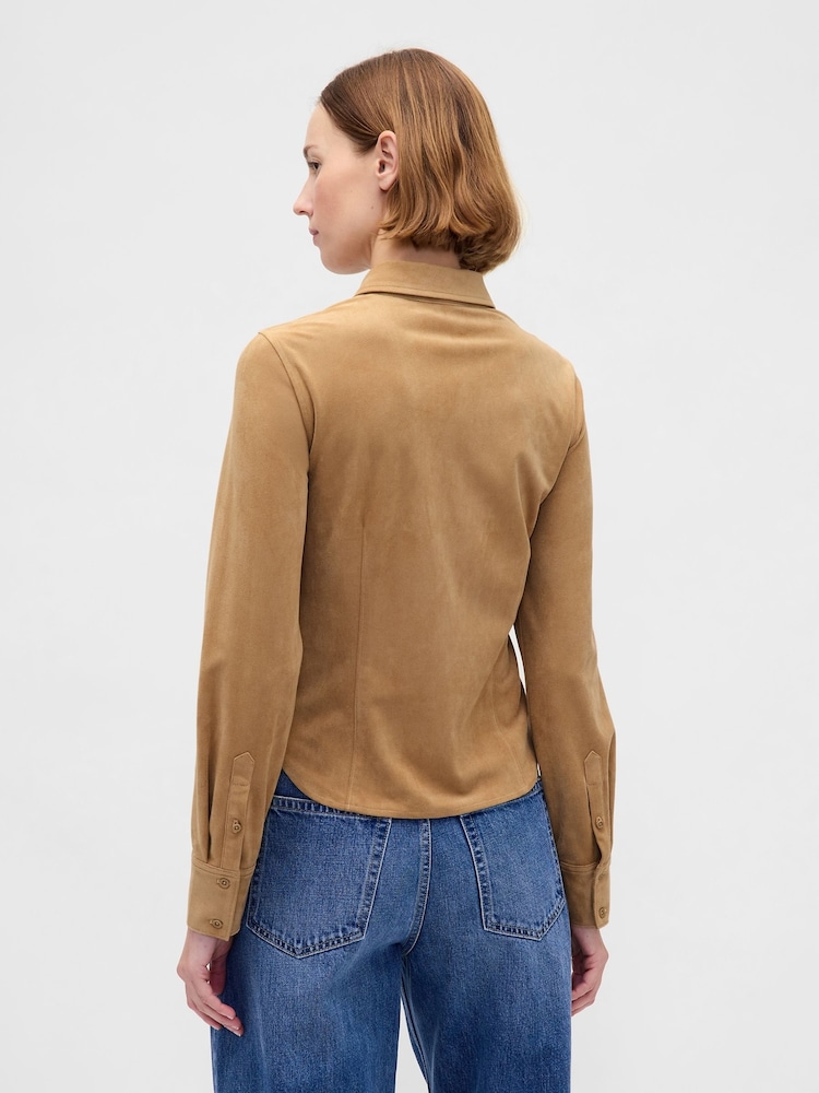 Gap Brown Vegan Suede Fitted Shirt - Image 2 of 4 Gap Brown Vegan Suede Fitted Shirt - Image 2 of 4