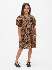 Gap Brown Poplin Puff-Sleeve Leopard Print Dress (4-13yrs) (4-13yrs) - Image 1 of 4