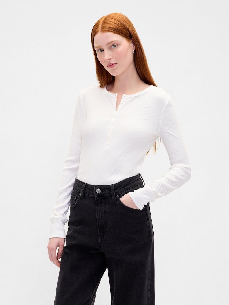 Gap White Modern Rib Long Sleeve Henley T-Shirt - Image 1 of 4