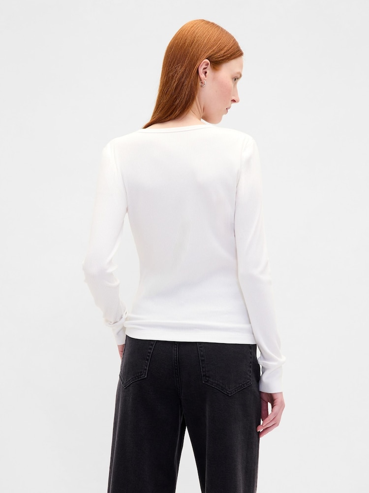 Gap White Modern Rib Long Sleeve Henley T-Shirt - Image 2 of 4