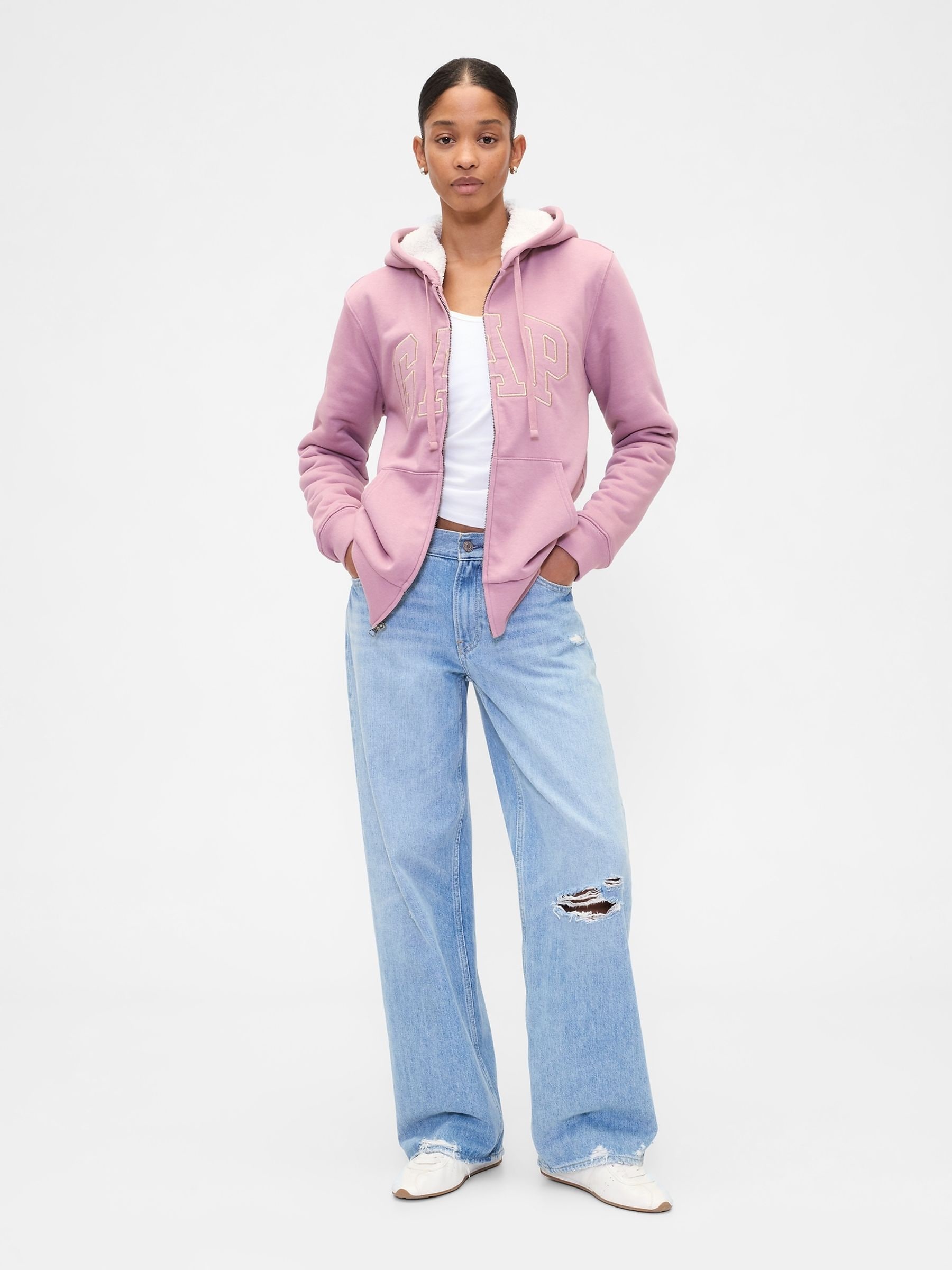 Buy Gap Pink Relaxed Logo Sherpa-Lined Zip Hoodie from the Next UK