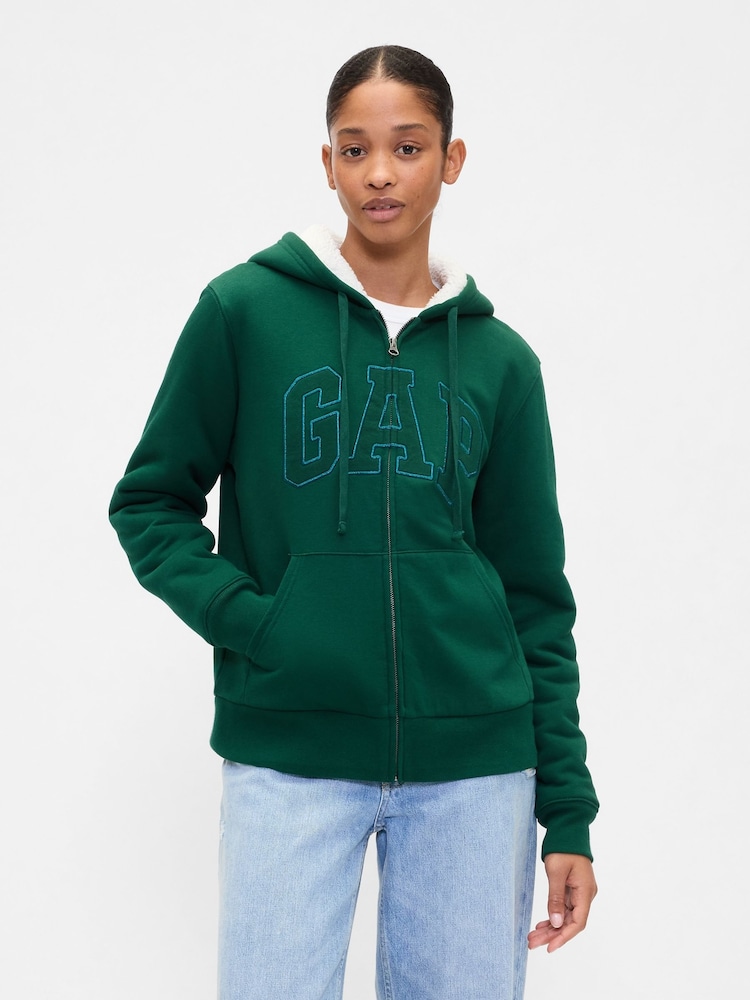 Gap Green Relaxed Logo Sherpa-Lined Zip Hoodie - Image 1 of 4 Gap Green Relaxed Logo Sherpa-Lined Zip Hoodie - Image 1 of 4