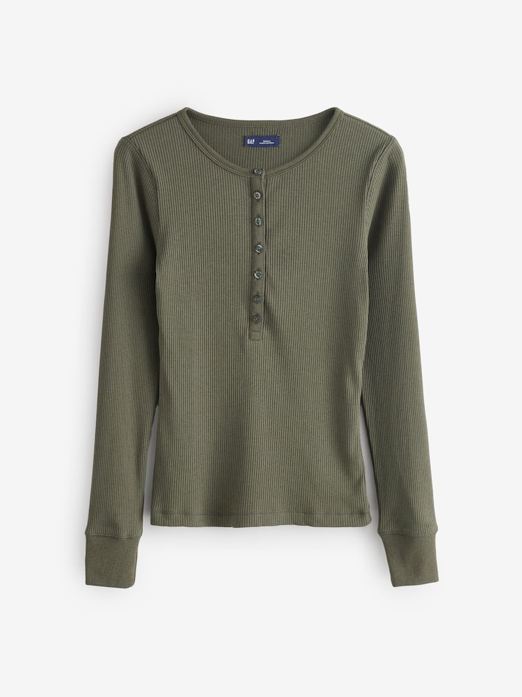 Gap Green Modern Rib Long Sleeve Henley T-Shirt - Image 1 of 4 Gap Green Modern Rib Long Sleeve Henley T-Shirt - Image 1 of 4