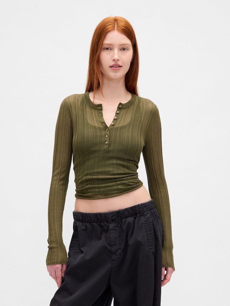 Gap Green Long Sleeve Sheer Rib Henley Top - Image 1 of 4