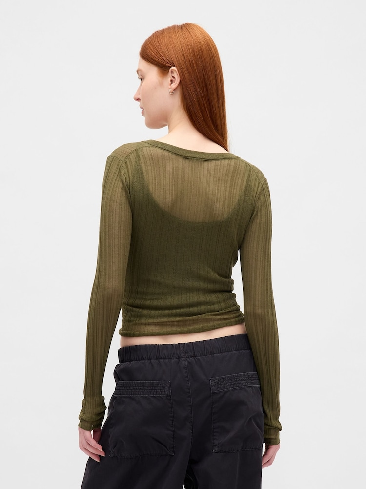 Gap Green Long Sleeve Sheer Rib Henley Top - Image 2 of 4
