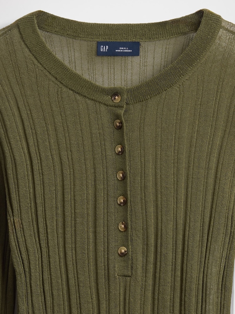 Gap Green Long Sleeve Sheer Rib Henley Top - Image 4 of 4