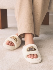 Ecru Croissant Embelished Slidder Slippers - Image 1 of 8