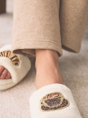 Ecru Croissant Embelished Slidder Slippers - Image 3 of 8