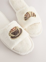 Ecru Croissant Embelished Slidder Slippers - Image 4 of 8