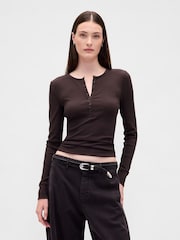 Gap Brown Modern Rib Long Sleeve Henley T-Shirt - Image 1 of 3