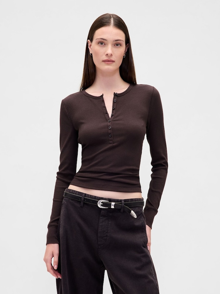 Gap Brown Modern Rib Long Sleeve Henley T-Shirt - Image 1 of 3